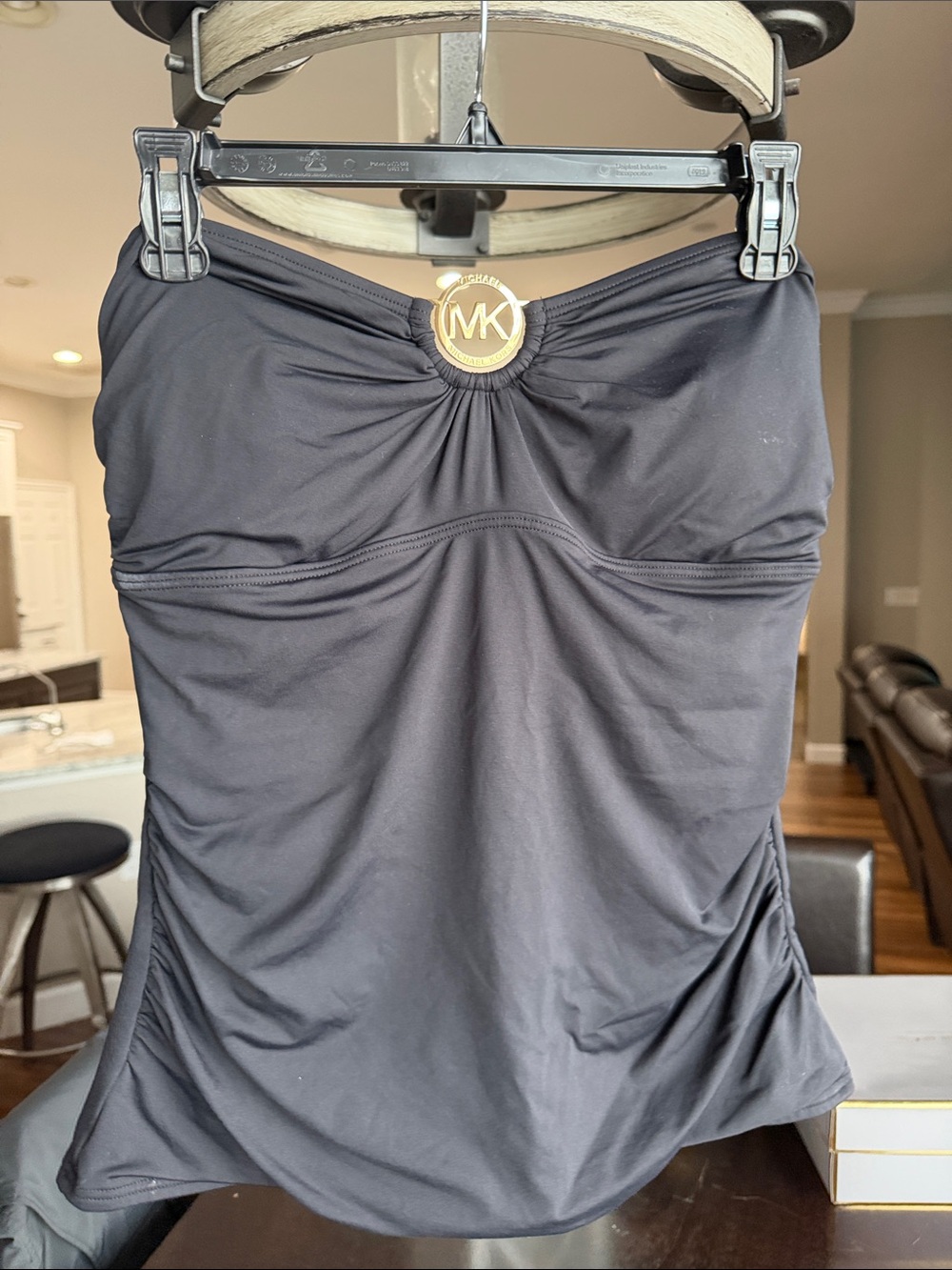 Michael Kors Black Strapless Logo Tankini Top with Gold Emblem